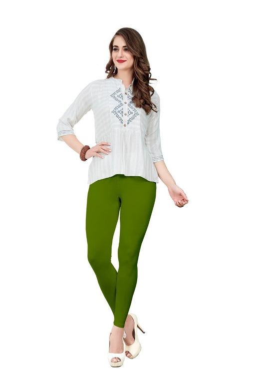 Green Leaf Ankle Length Cotton Blend Comfort Leggings For Women