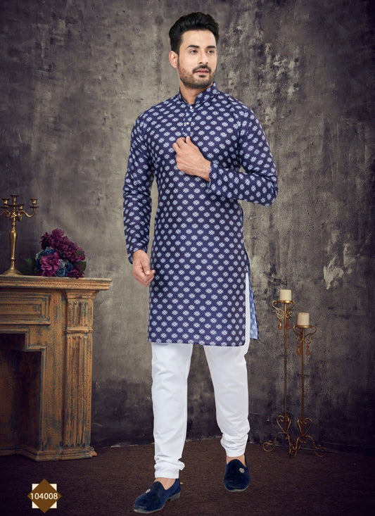 Blue and White Digital Print Cotton Full Kurta Pajama for Mens