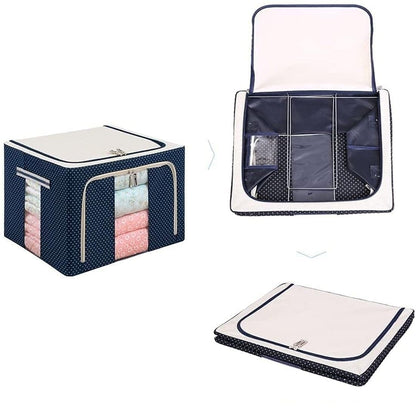 66 LTR Foldable Steel Frame Cloths Zip Organizer Bag and Oxford Fabric Storage Living Cover Boxes For Wardrobe Shelves Clothes, Sarees, Bed Sheet, Blanket, Top and Front Zipper Open Bags