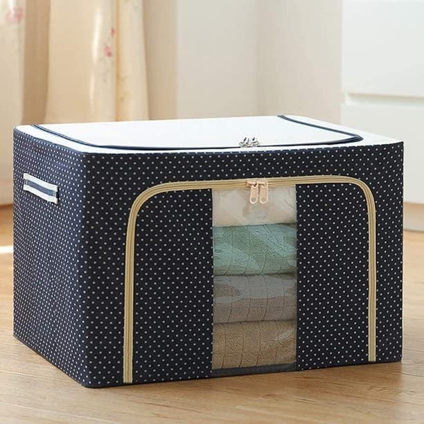 66 LTR Foldable Steel Frame Cloths Zip Organizer Bag and Oxford Fabric Storage Living Cover Boxes For Wardrobe Shelves Clothes, Sarees, Bed Sheet, Blanket, Top and Front Zipper Open Bags
