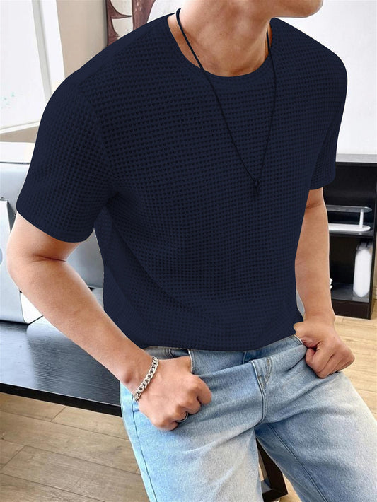 Waffle Navy Blue Hlaf sleeve Men T-Shirt