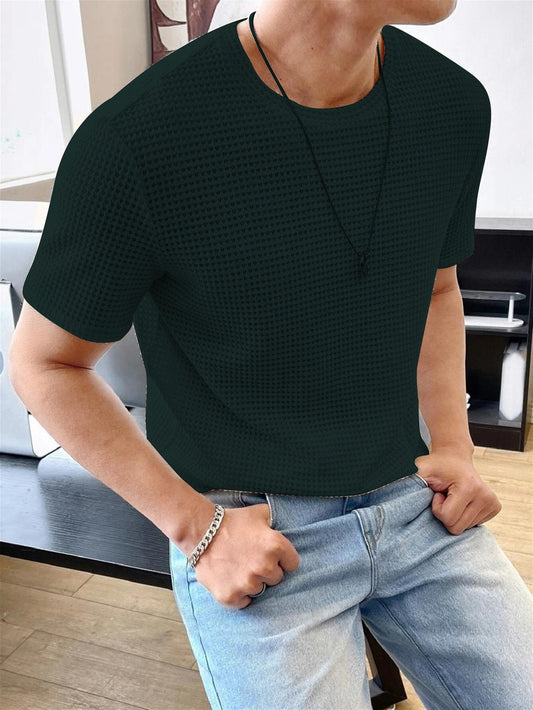 Men Solid Round Neck Waffle Dark Green T-Shirt