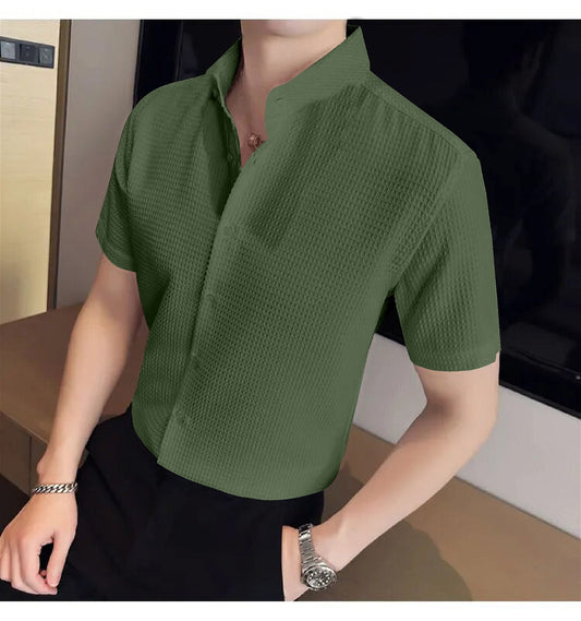 Dark Green Colour Men's Casual Wear Short Sleeve Shirt
